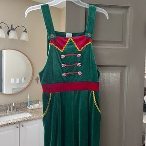 No Boundaries Green Overalls with Red and Gold Accents